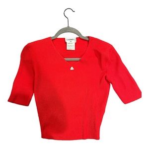 Chanel ribbed top with emblem. Like new condition. Red. Size 38